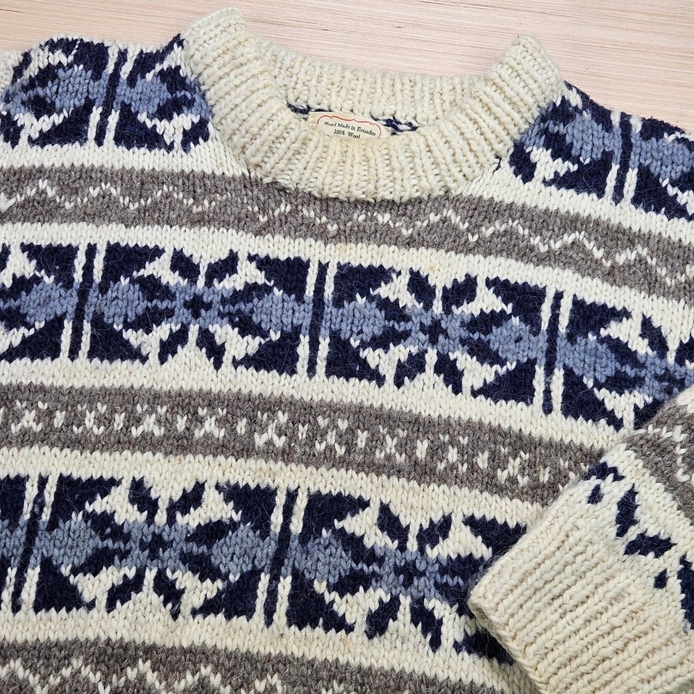 Nordic Snowflake Knit Handmade In Ecuador Wool Sweater Unisex M Cream Blue READ
